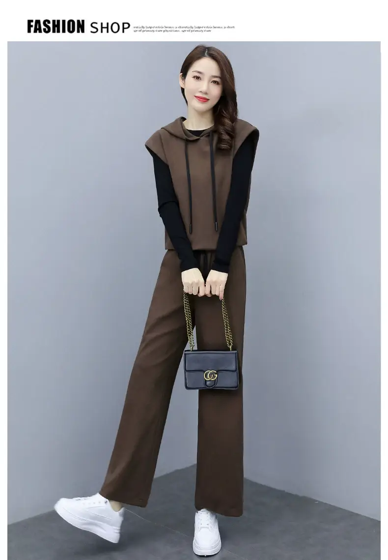 Women's 2-Piece Brown Hooded Vest & Wide Leg Pants Set — feature 14