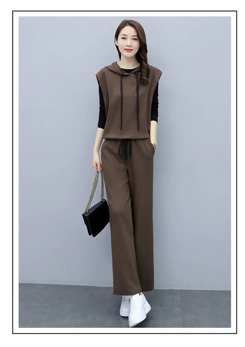 Women's 2-Piece Brown Hooded Vest & Wide Leg Pants Set — feature 15