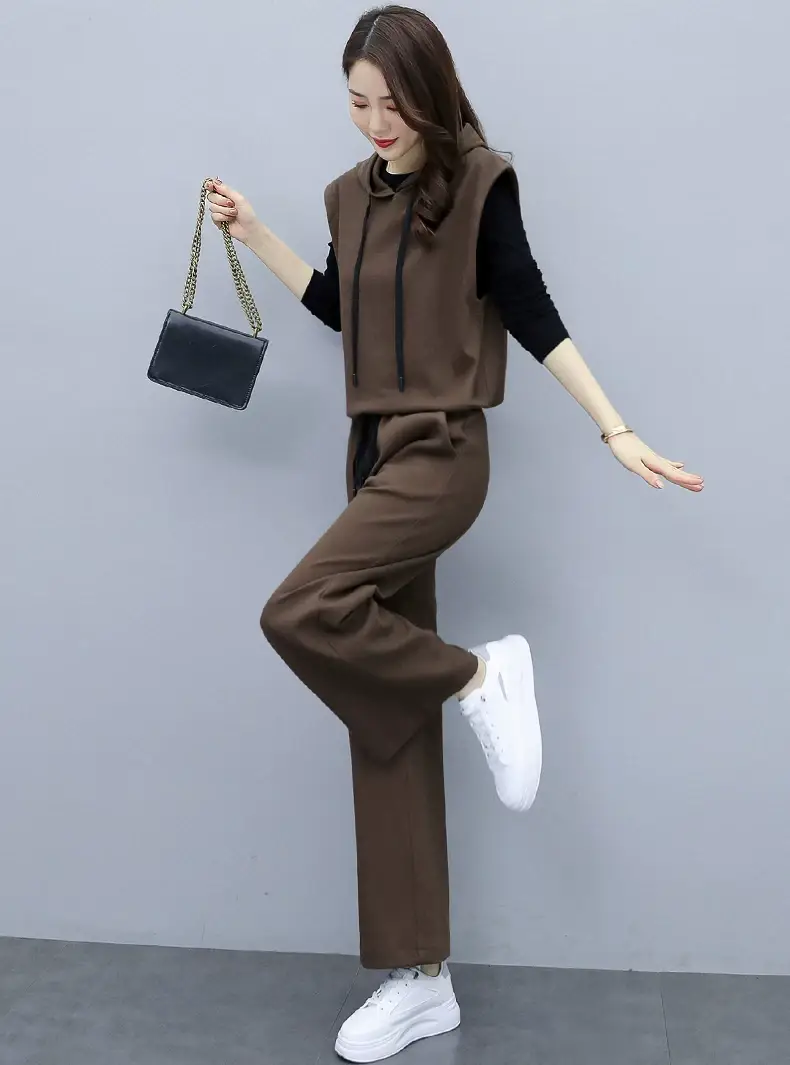 Women's 2-Piece Brown Hooded Vest & Wide Leg Pants Set — feature 16