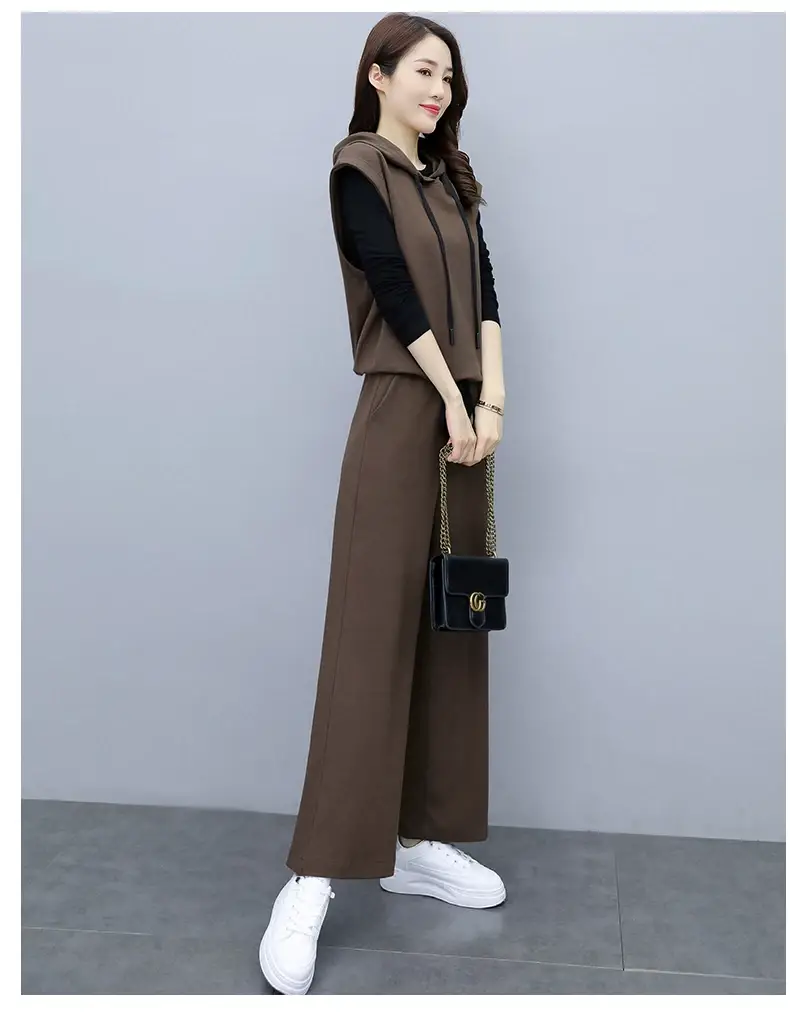 Women's 2-Piece Brown Hooded Vest & Wide Leg Pants Set — feature 17