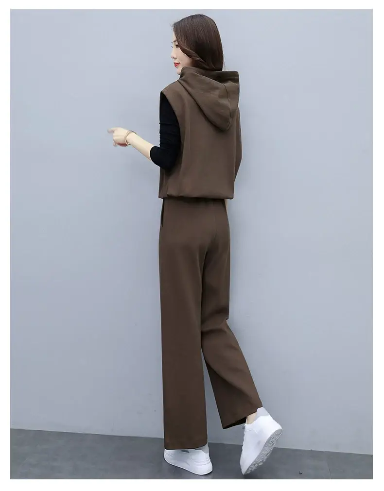 Women's 2-Piece Brown Hooded Vest & Wide Leg Pants Set — feature 18