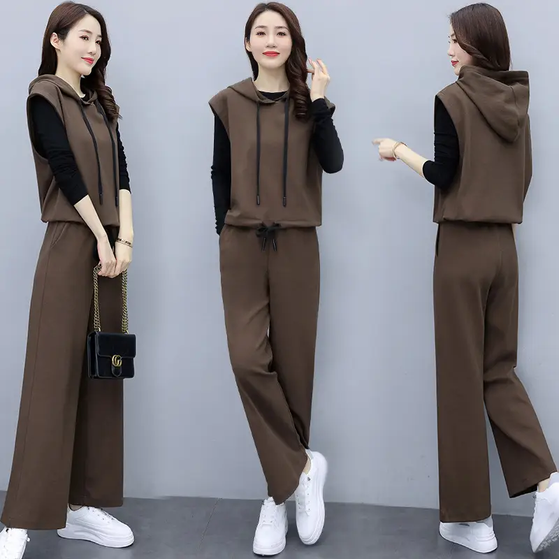 Women's 2-Piece Brown Hooded Vest & Wide Leg Pants Set - Image 2