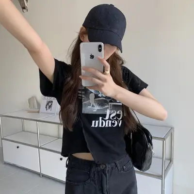Women Black Printed T-Shirt Summer 2025 Slim Fit - Image 4