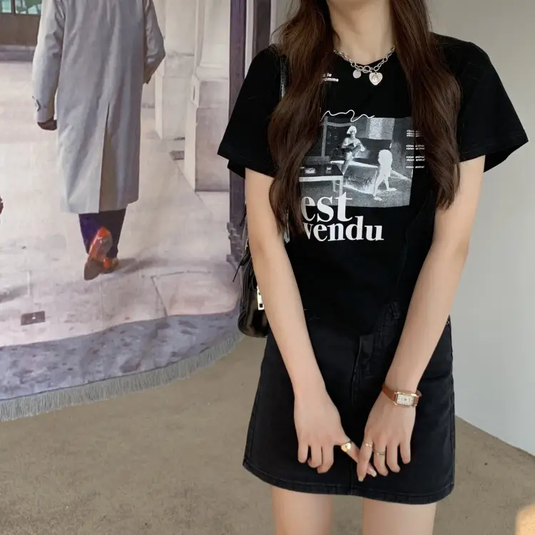 Women Black Printed T-Shirt Summer 2025 Slim Fit - Image 6