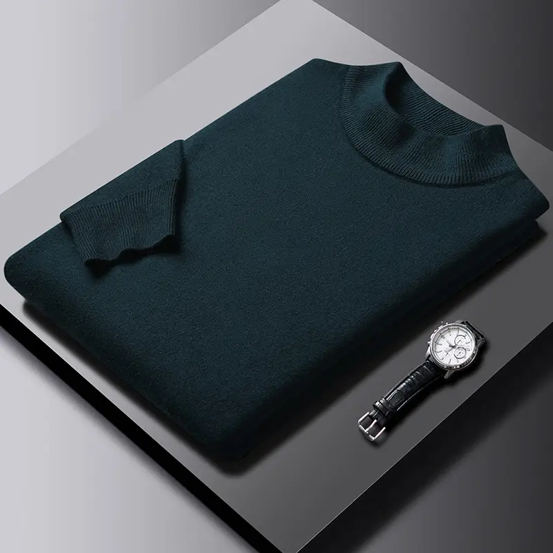 Men's Dark Green Half Turtle Collar Pullover Sweater - Image 9