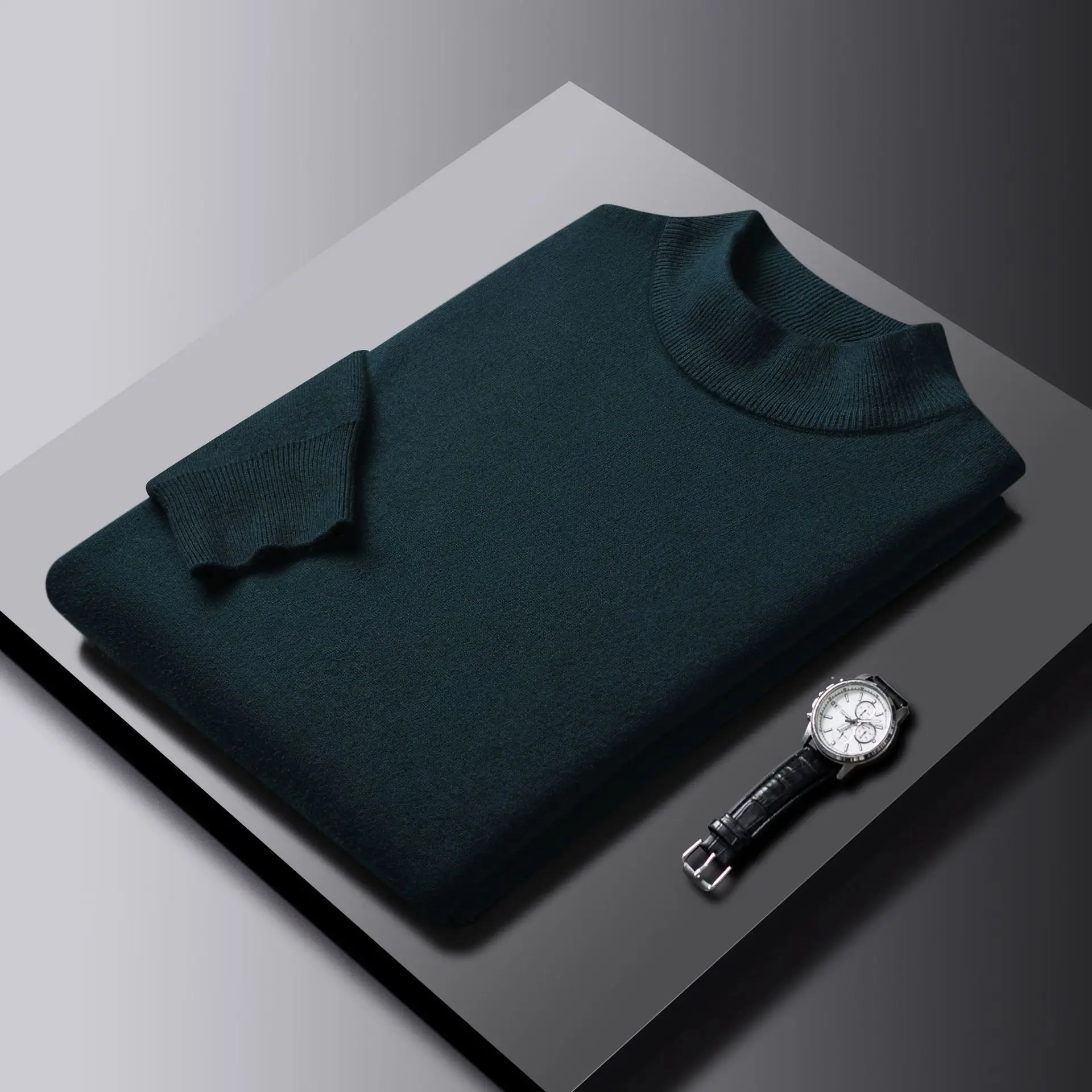 Men's Dark Green Half Turtle Collar Pullover Sweater - Image 2