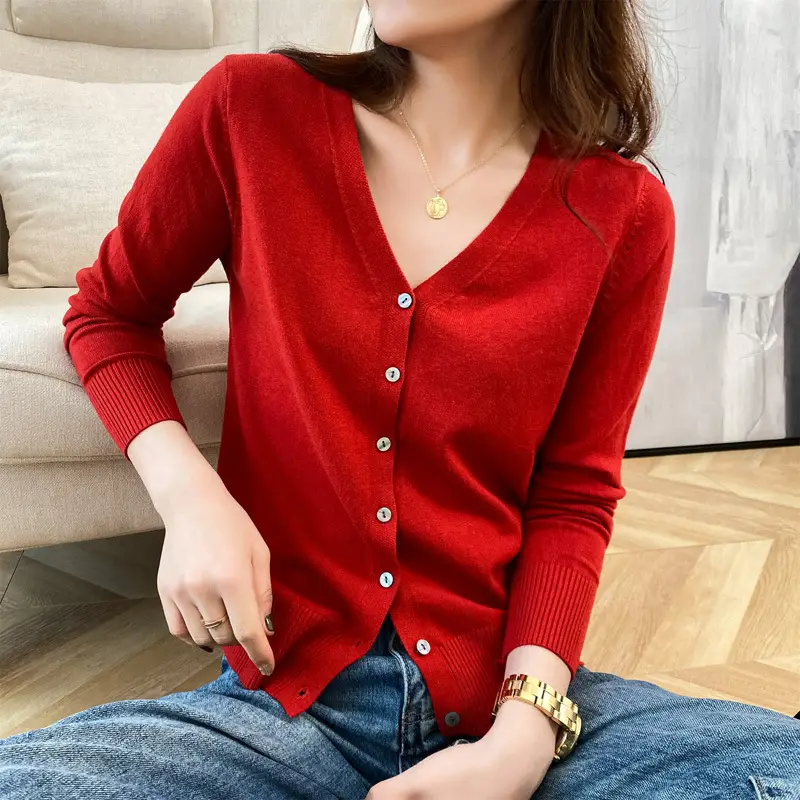 Women Wool Knitted V-Neck Cardigan Short Sleeve 2021 - Image 12