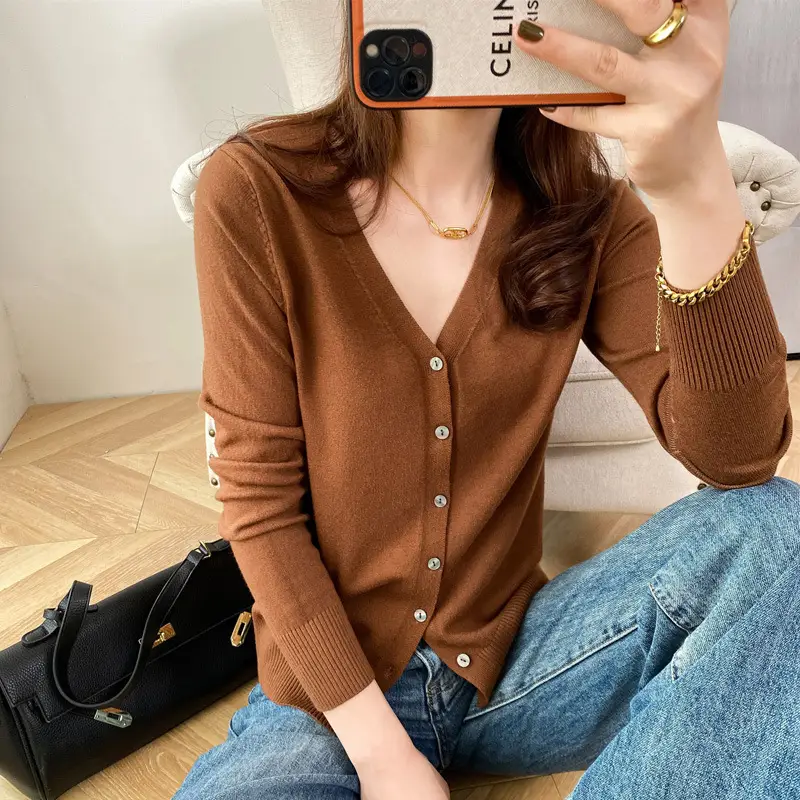 Women Wool Knitted V-Neck Cardigan Short Sleeve 2021 - Image 13