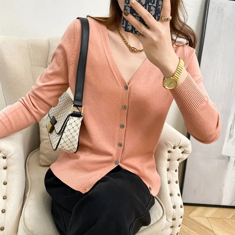 Women Wool Knitted V-Neck Cardigan Short Sleeve 2021 - Image 15