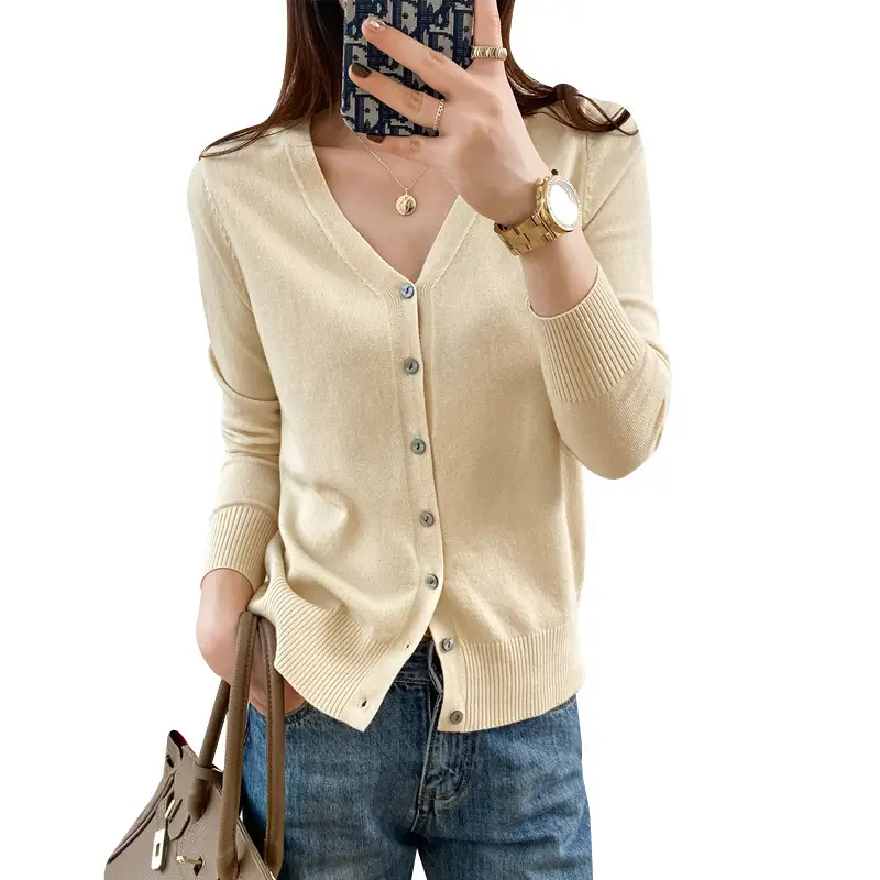 Women Wool Knitted V-Neck Cardigan Short Sleeve 2021 - Image 16