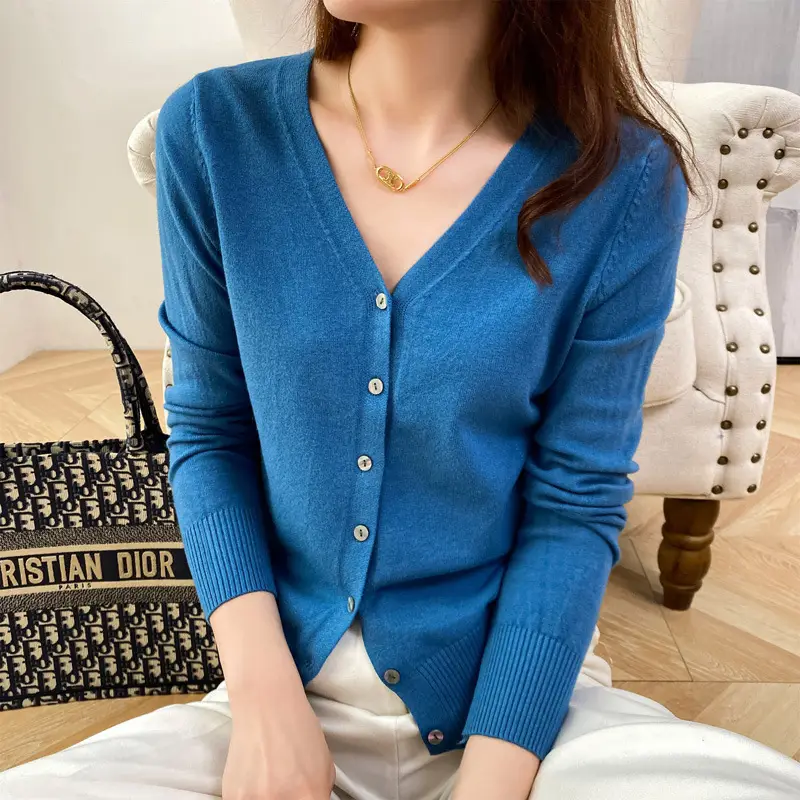 Women Wool Knitted V-Neck Cardigan Short Sleeve 2021 - Image 10