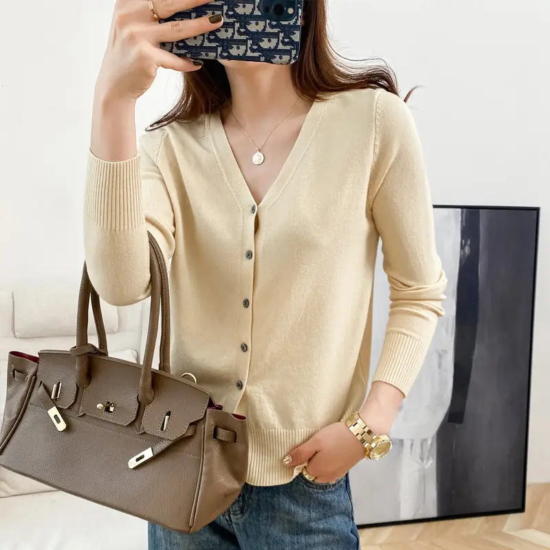 Women Wool Knitted V-Neck Cardigan Short Sleeve 2021 - Image 11