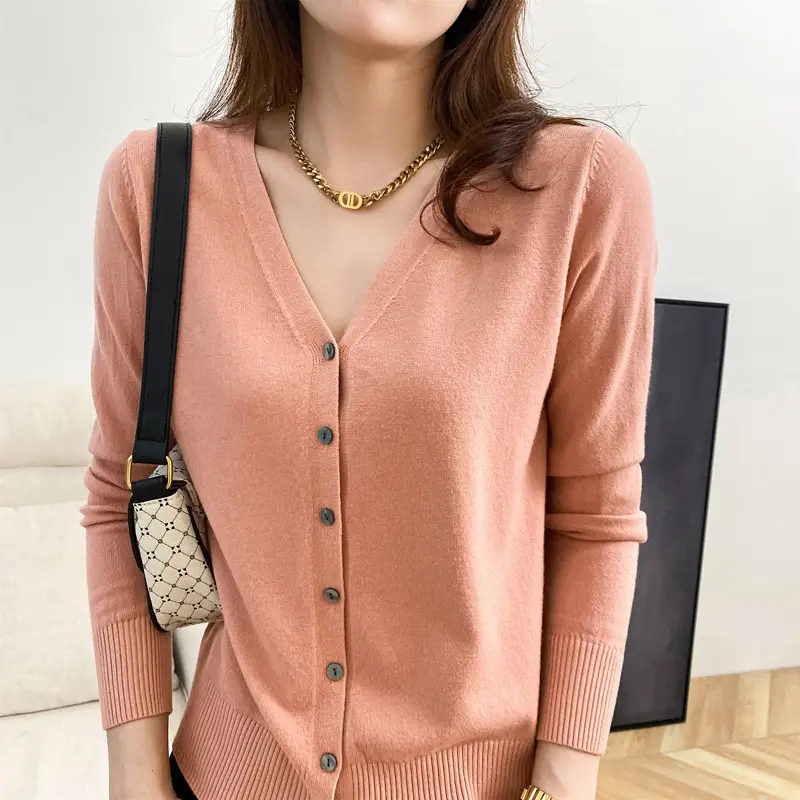 Women Wool Knitted V-Neck Cardigan Short Sleeve 2021 - Image 2