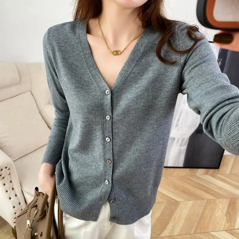 Women Wool Knitted V-Neck Cardigan Short Sleeve 2021 - Image 3