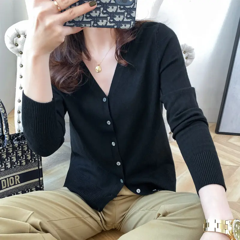 Women Wool Knitted V-Neck Cardigan Short Sleeve 2021 - Image 4