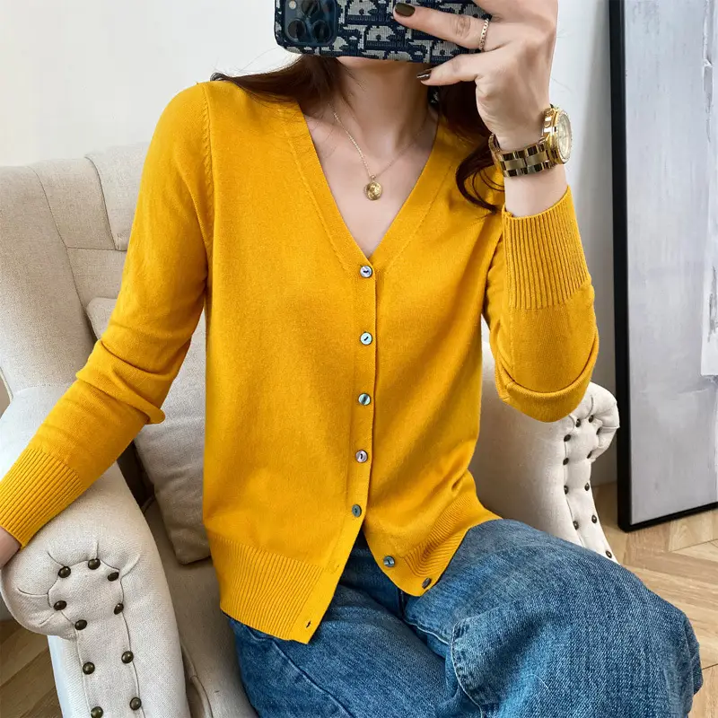 Women Wool Knitted V-Neck Cardigan Short Sleeve 2021 - Image 6