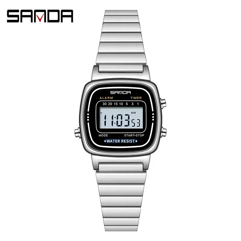 Sanda Digital Watch Black Stainless Steel Strap - Image 2
