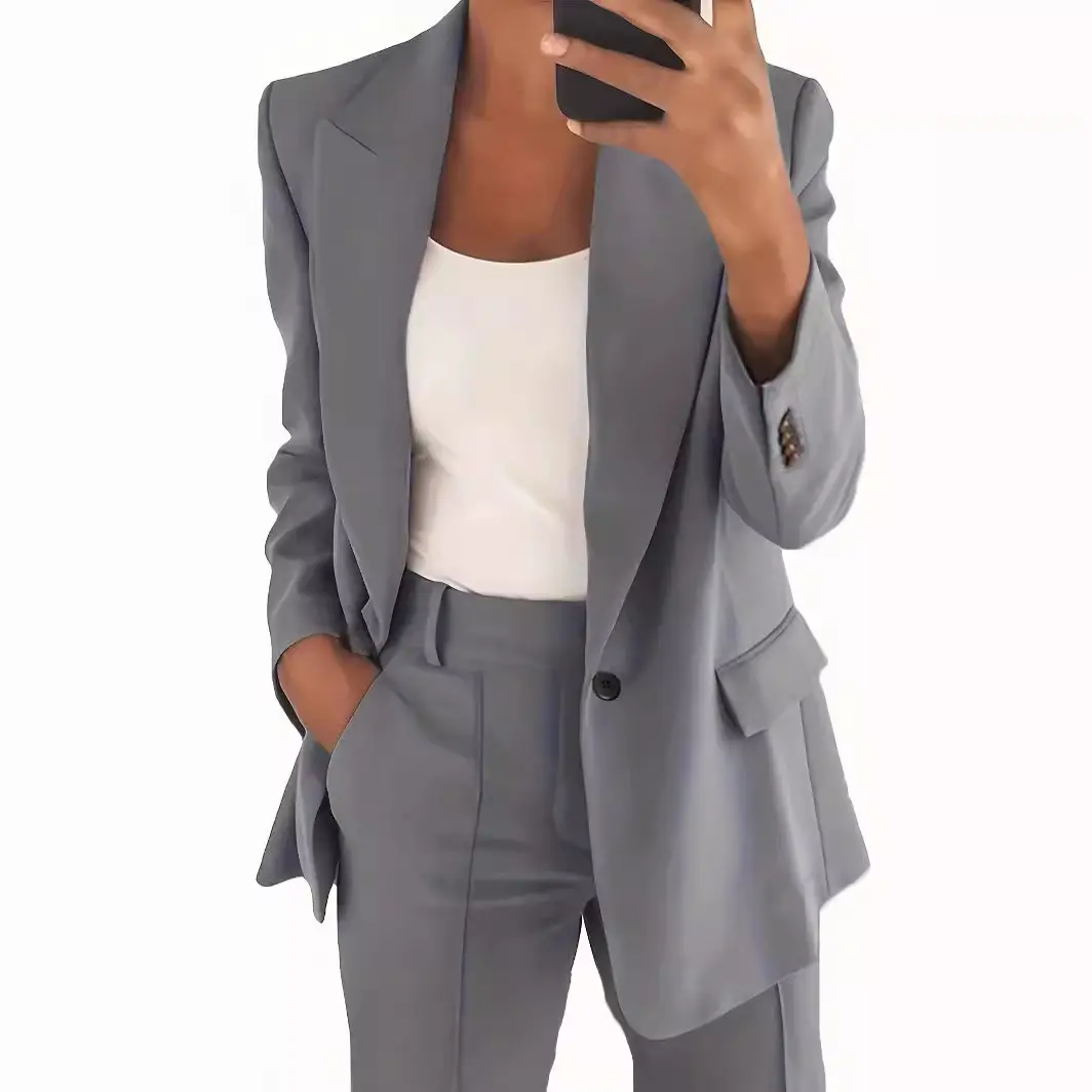 2024 Women's Grey Slim Fit Lapel Suit Jacket Pants Set - Image 11