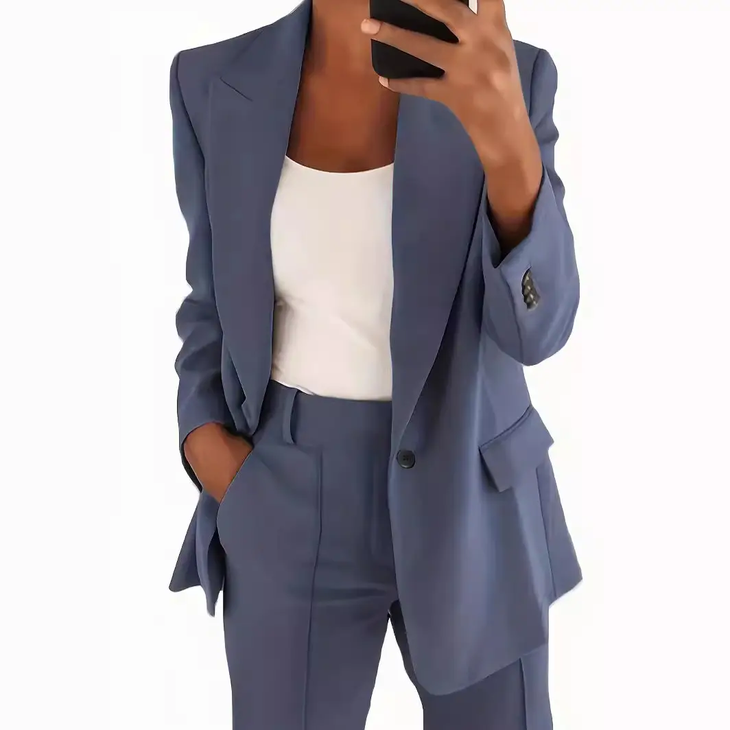 2024 Women's Grey Slim Fit Lapel Suit Jacket Pants Set - Image 13