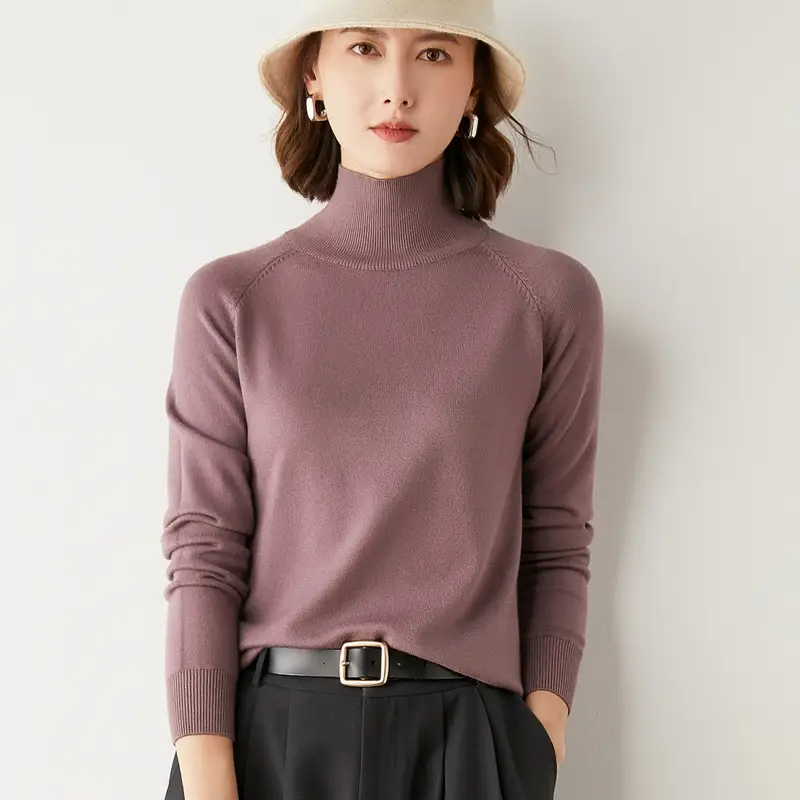 Women High Collar Turtleneck Sweater Purple Long Sleeve Winter Wear - Image 13