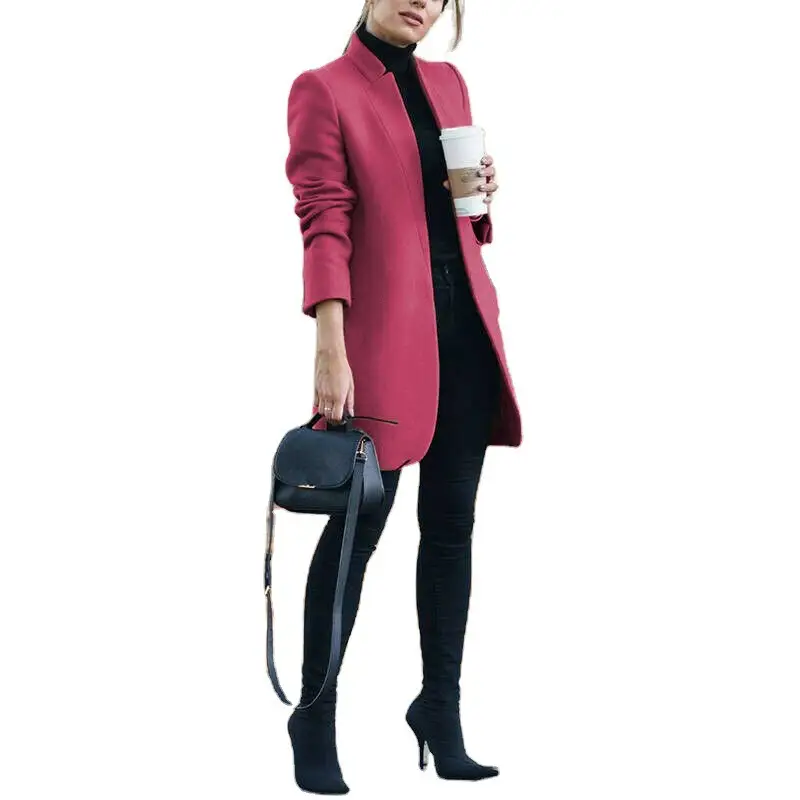 Women Wool Coat Blue Solid Collar Winter - Image 9