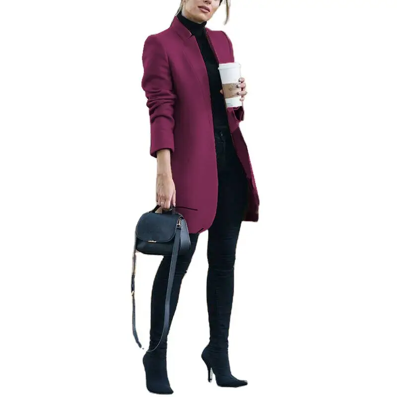 Women Wool Coat Blue Solid Collar Winter - Image 10
