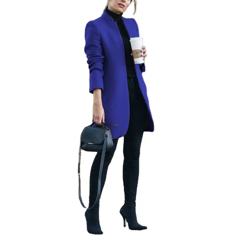 Women Wool Coat Blue Solid Collar Winter - Image 11