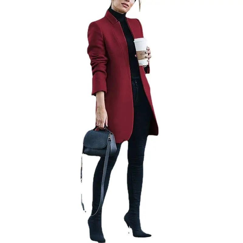 Women Wool Coat Blue Solid Collar Winter - Image 12