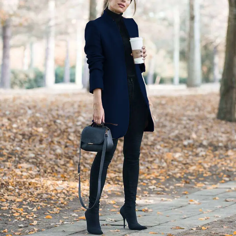 Women Wool Coat Blue Solid Collar Winter - Image 6