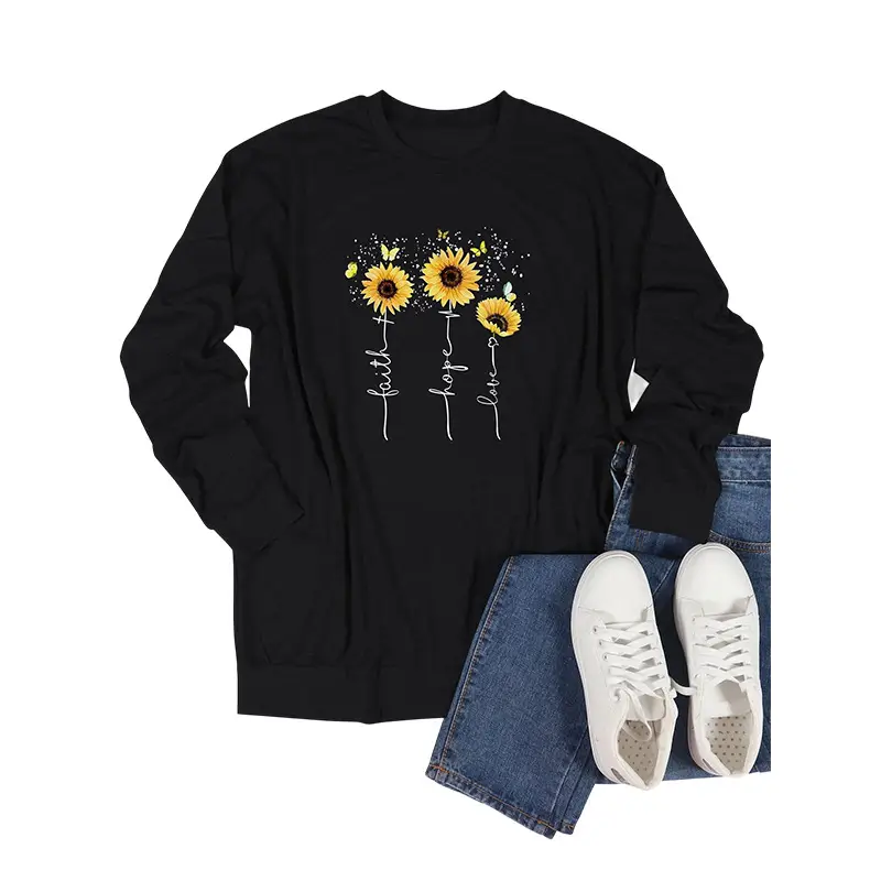 Black Sunflower Print Long Sleeve T-Shirt with Belt - Image 5