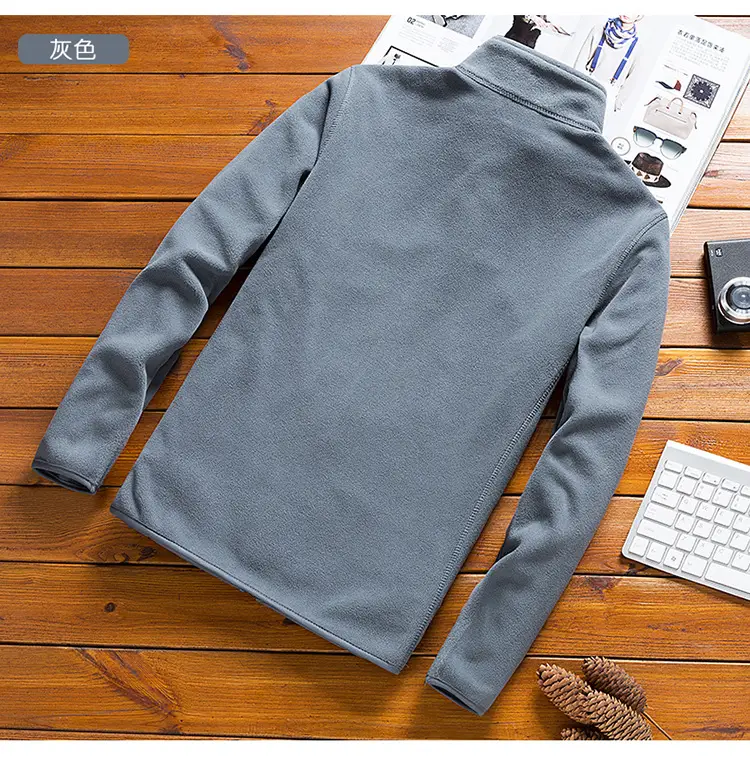 Men's Olive Green Fleece Zipper Jacket with Vertical Collar — feature 10