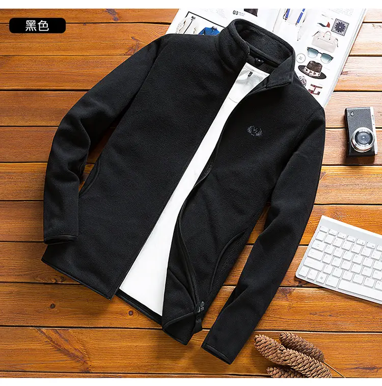 Men's Olive Green Fleece Zipper Jacket with Vertical Collar — feature 12