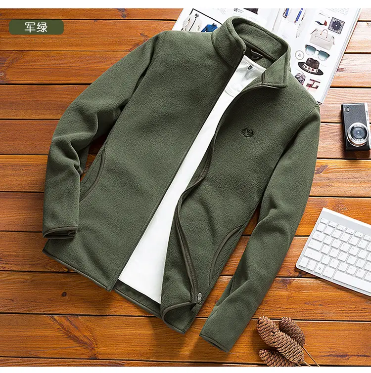 Men's Olive Green Fleece Zipper Jacket with Vertical Collar — feature 15