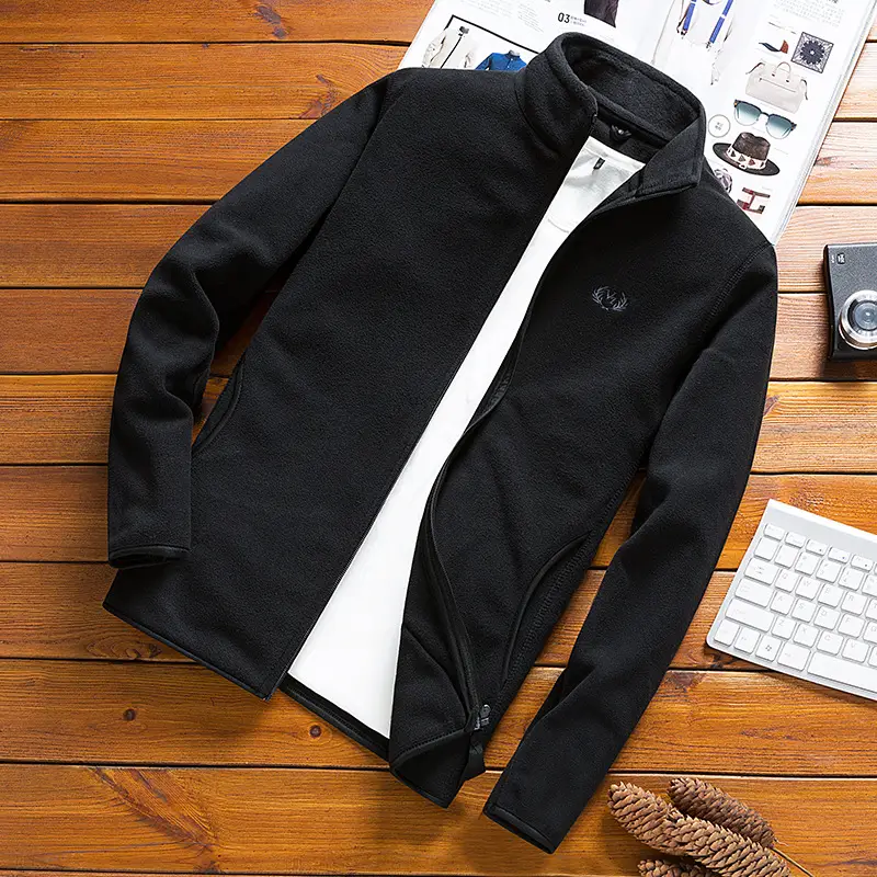 Men's Olive Green Fleece Zipper Jacket with Vertical Collar - Image 2