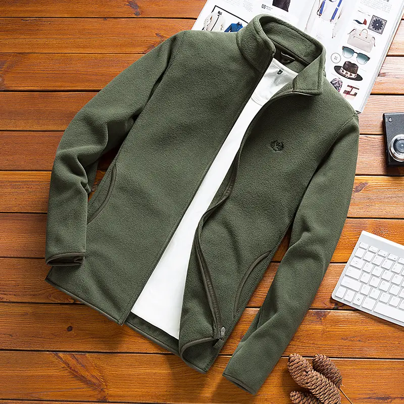 Men's Olive Green Fleece Zipper Jacket with Vertical Collar - Image 3