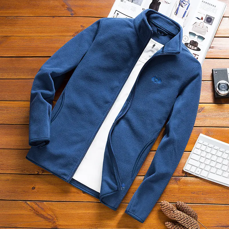 Men's Olive Green Fleece Zipper Jacket with Vertical Collar - Image 4