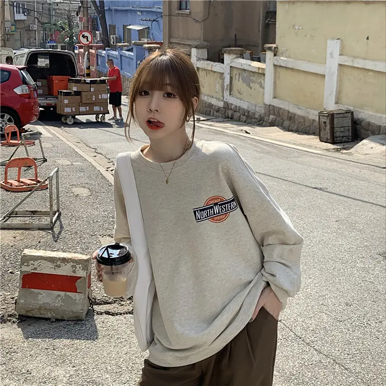 Women Long Sleeve Grey Sweatshirt with Logo 2025 — feature 5