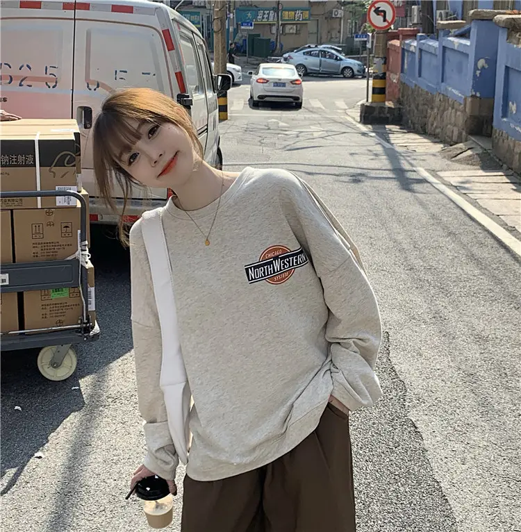 Women Long Sleeve Grey Sweatshirt with Logo 2025 — feature 9