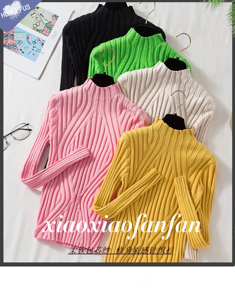 Pink Long Sleeve Knitted Turtleneck Shirt for Women — feature 1