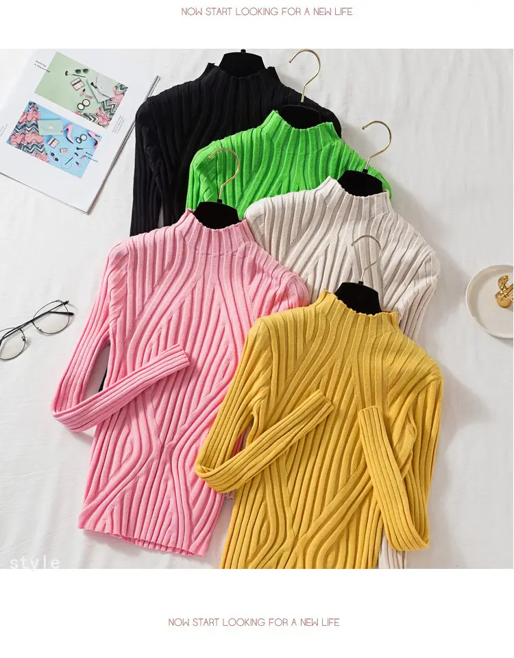 Pink Long Sleeve Knitted Turtleneck Shirt for Women — feature 12