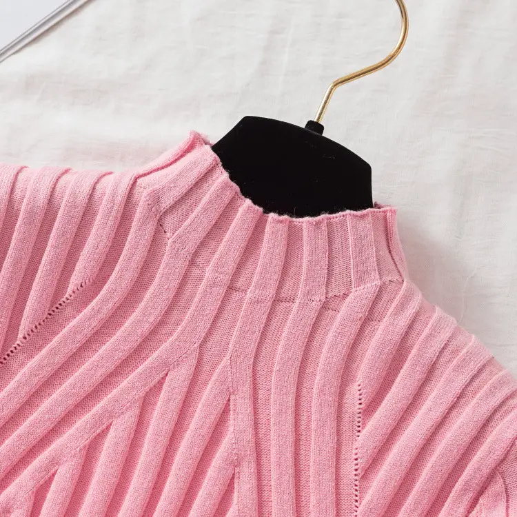Pink Long Sleeve Knitted Turtleneck Shirt for Women — feature 39
