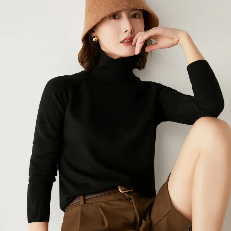 Women Pink Turtleneck Sweater Long Sleeve Knitwear