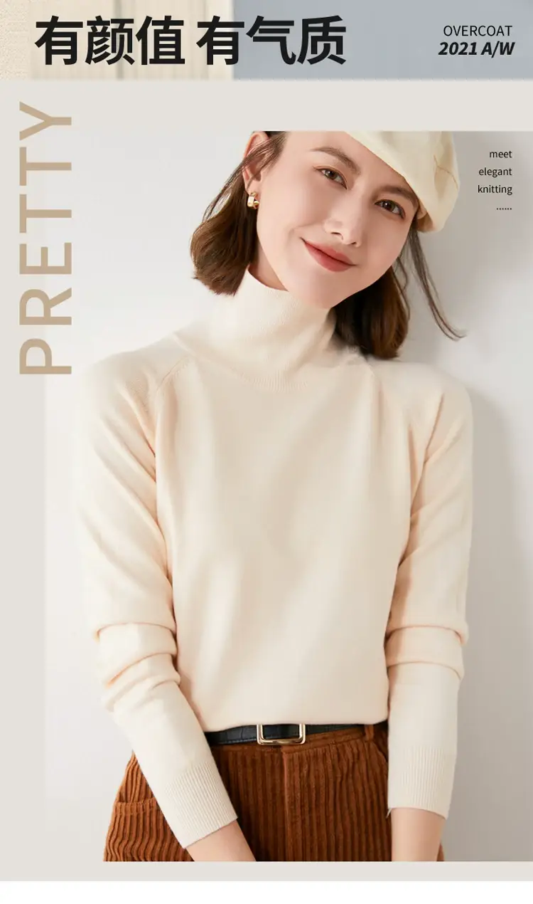 Women Pink Turtleneck Sweater Long Sleeve Knitwear — feature 1