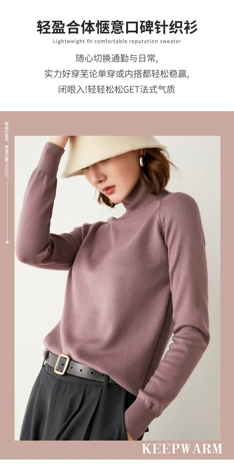 Women Pink Turtleneck Sweater Long Sleeve Knitwear — feature 3