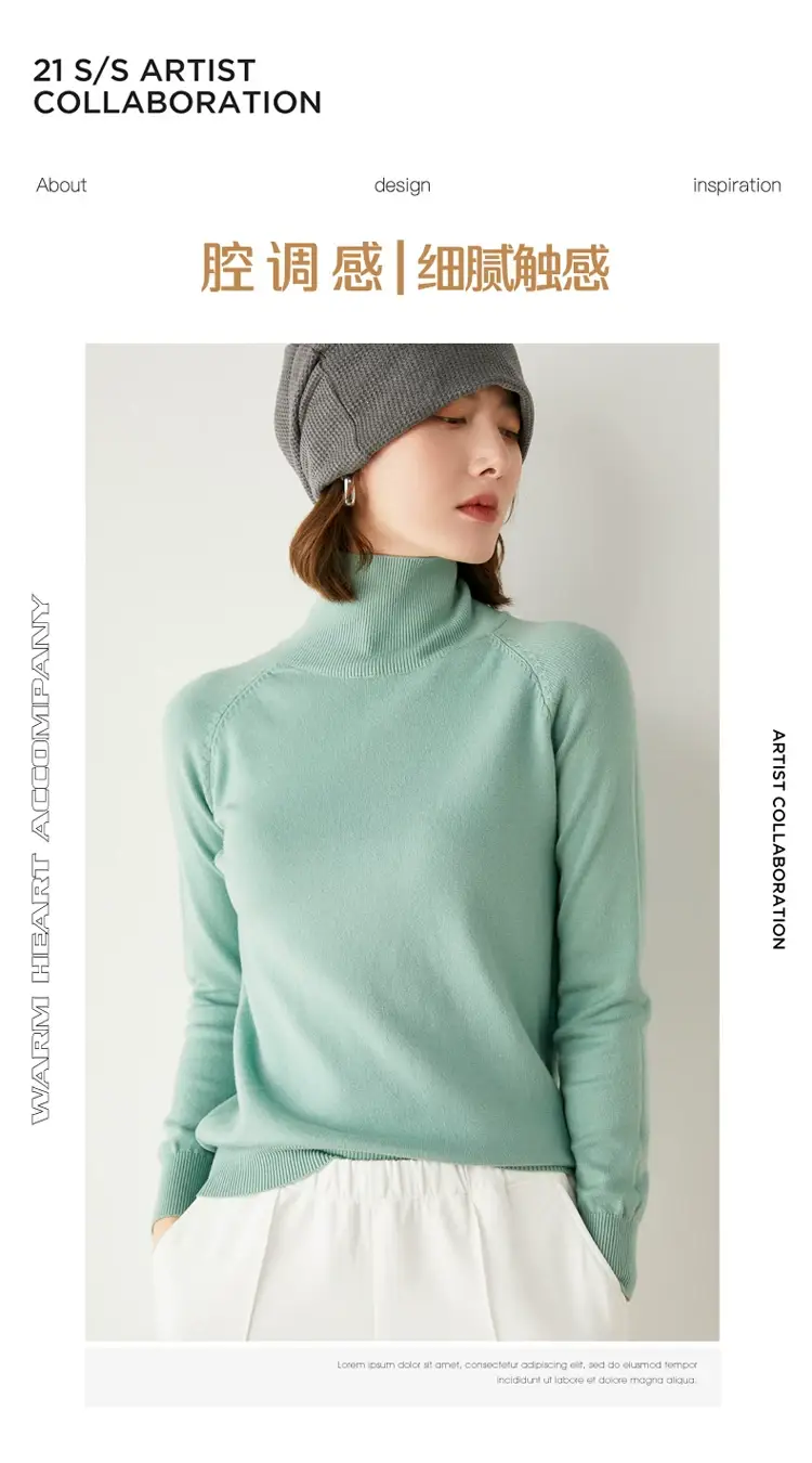 Women Pink Turtleneck Sweater Long Sleeve Knitwear — feature 4