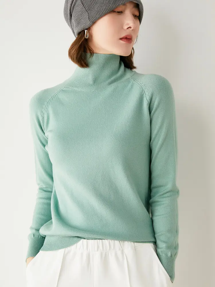 Women Pink Turtleneck Sweater Long Sleeve Knitwear