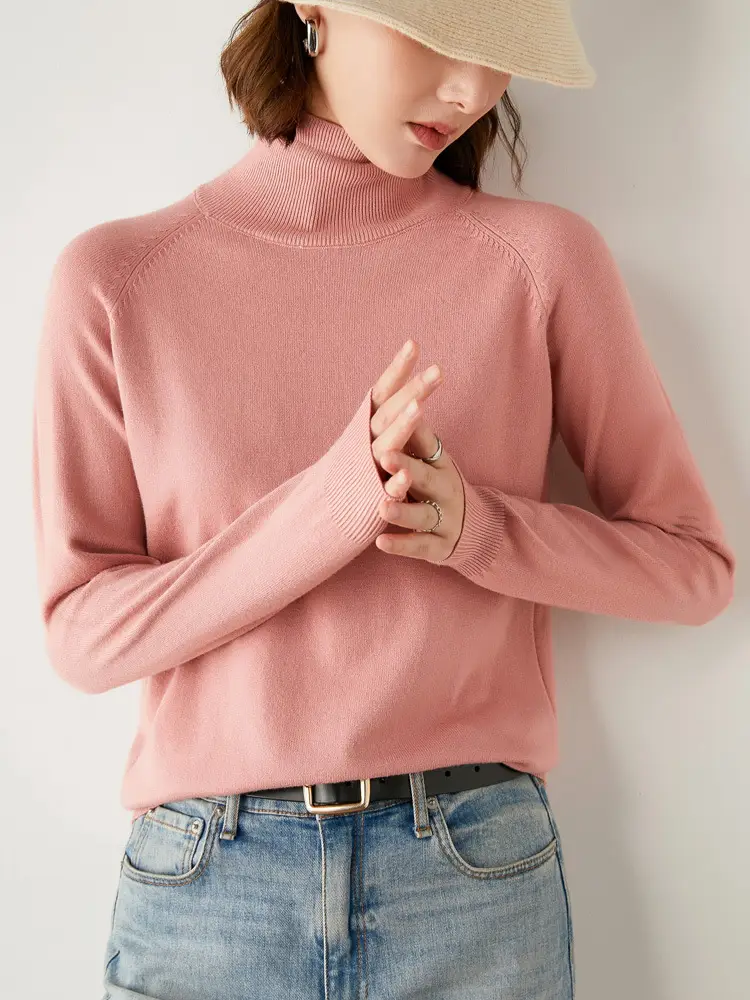 Women Pink Turtleneck Sweater Long Sleeve Knitwear