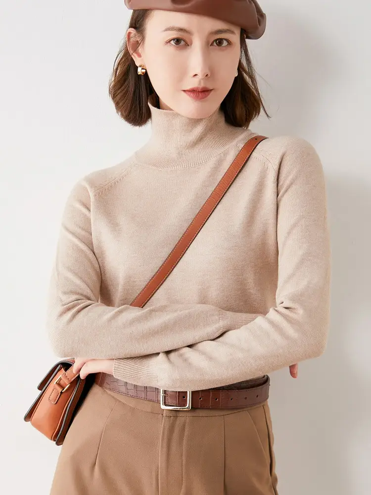 Women Pink Turtleneck Sweater Long Sleeve Knitwear