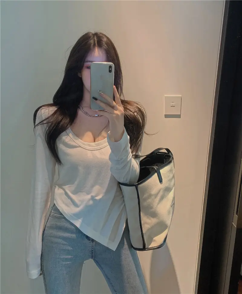Women Slim Fit White Low Neck T-Shirt 2025 - Image 2