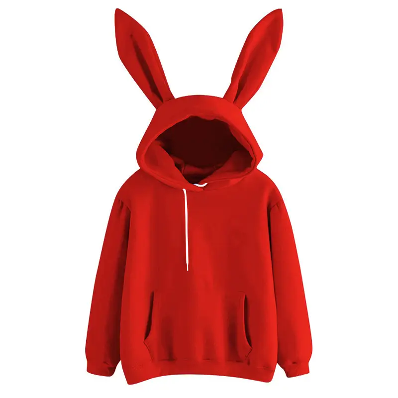 Women's Red Rabbit Hooded Sweatshirt Pure Color - Image 5
